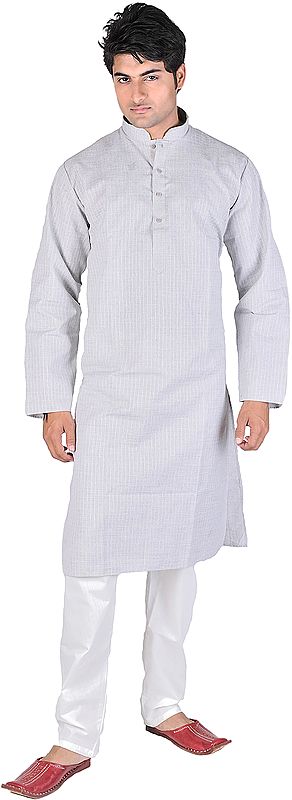 Gray-Dawn Kurta Pajama with Wide Woven Stripes