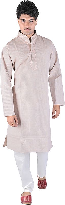 Coral-Pink Kurta Pajama with Fine Woven Stripes and Embroidery on Neck