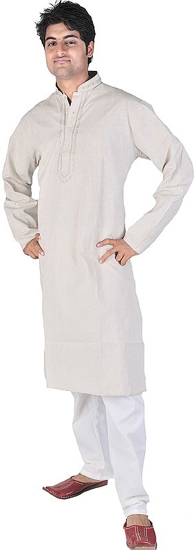 Feather-Gray Kurta Pajama with Embroidery on Neck and Woven Stripes All-Over
