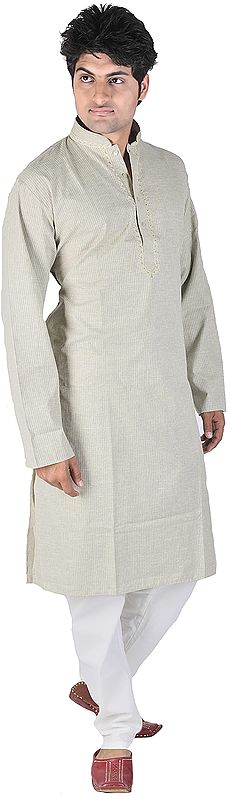Slit-Green Kurta Pajama with Embroidery on Neck and Woven Stripes