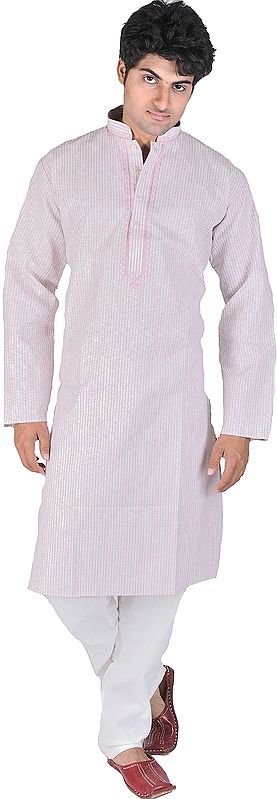 Geranium-Pink Kurta Pajama with Embroidery on Neck and Woven Stripes