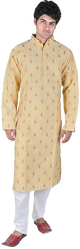 Cornsilk-Yellow Kurta Pajama with Thread Embroidered Paisleys and Sequins