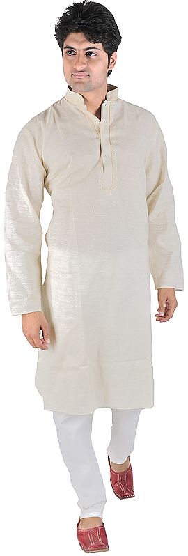 Chino-Green Kurta Pajama with Embroidery on Neck and Thread Weave