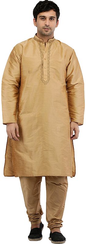 Plain Wedding Kurta Pajama with Embroidery on Neck