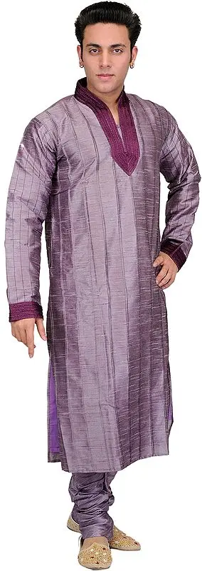 Lavender-Gray Wedding Kurta Pajama with Patch Work on Neck