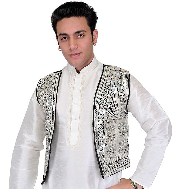 Black Waistcoat from Afghanistan with Sequins Embroidered by Hand