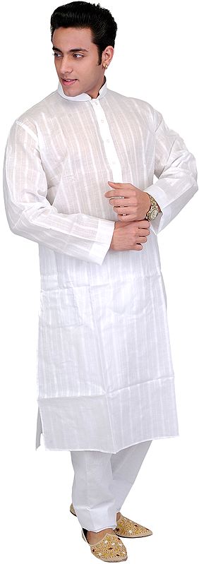 Pure-White Plain Kurta Pajama with Woven Stripes