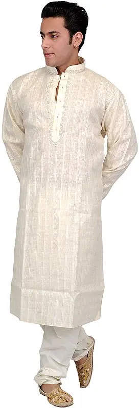 Pure Cotton Kurta Pajama with Wide Woven Stripes and Embroidery on Neck