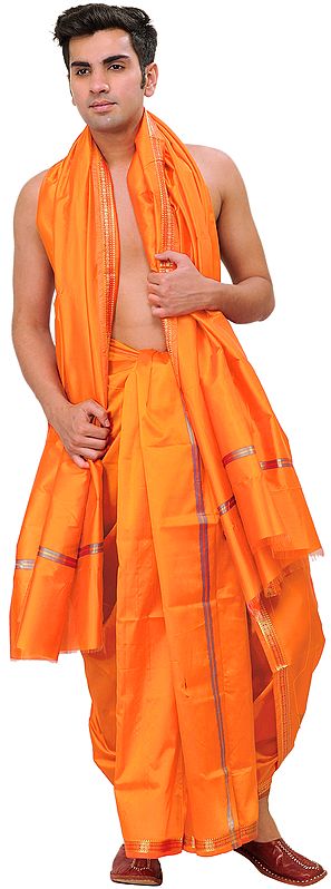 Dhoti and Angavastram set with Golden Woven Paisley on Border