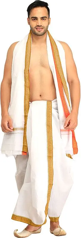 White Dhoti and Angavastram set with Woven Border