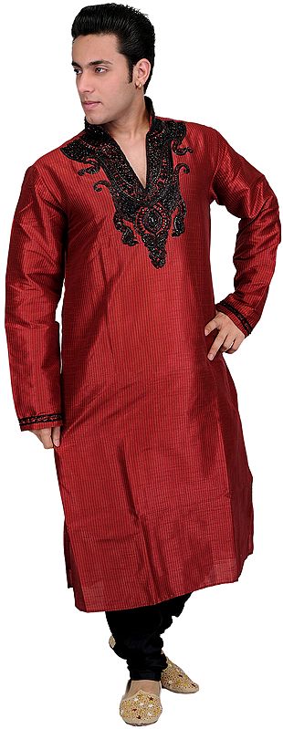 Pompeian-Red Wedding Kurta Pajama with Crystals and Embroidered Beads in Black