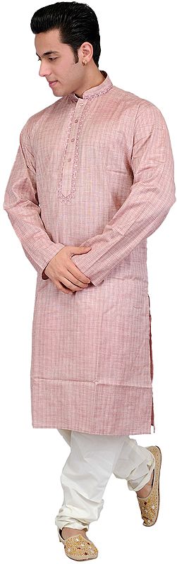 Crystal-Pink Kurta Pajama with Embroidery on Neck and Woven Checks