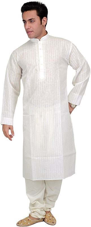 Kurta Pajama with Embroidery on Neck and Checks Woven in Self