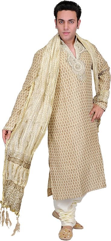 Golden-Beige Wedding Kurta Pajama with Brocaded Paisleys and Faux Pearl Embroidery on Neck