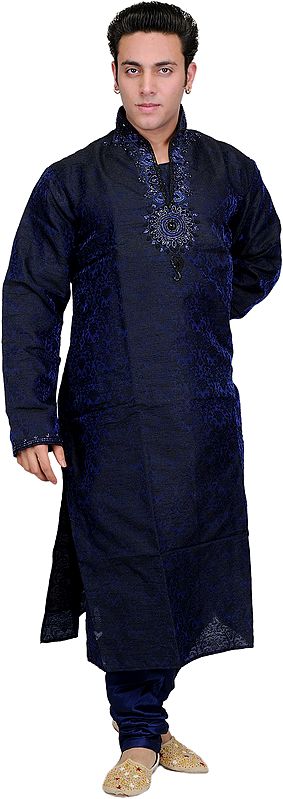 Medieval-Blue Kurta Pajama with Crystal and Stone Embroidery on Neck