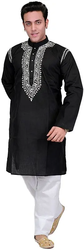 Black Kurta Pajama with Lucknavi Embroidery on Neck