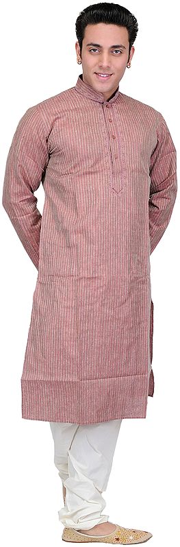 Hazel-Brown Kurta Pajama with Stripes and Thread Embroidery on Neck