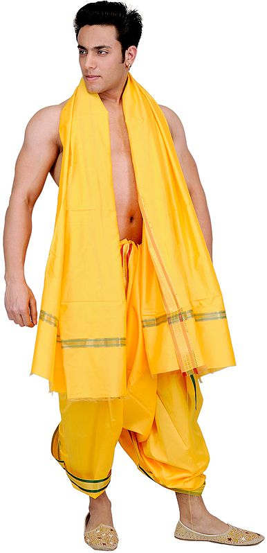 Beeswax-Yellow Dhoti and Angavastram Set with Woven Border