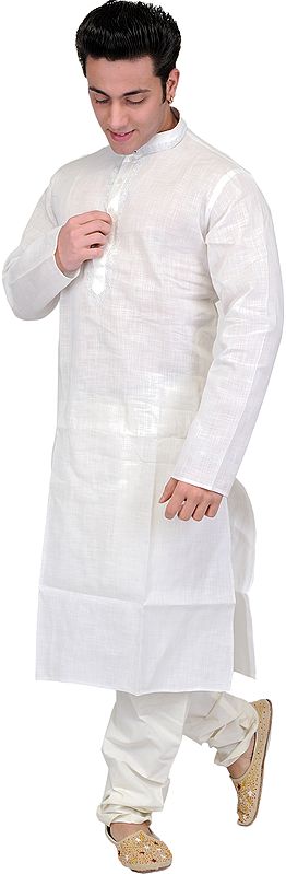 Off-White Kurta Pajama with Thread Embroidery on Neck