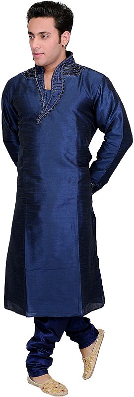 Indigo-Blue Wedding Kurta Pajama with Embroidered Beads