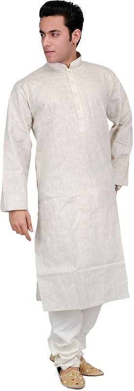 Pure Cotton Kurta Pajama with Thread Embroidery on Neck and Woven Stripes