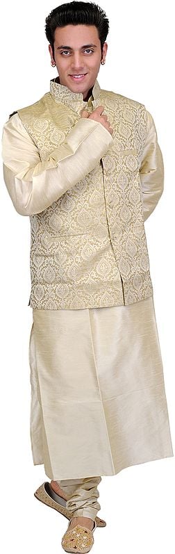 Three-Piece Golden-Beige Wedding Kurta Pajama Set with Brocaded Vest