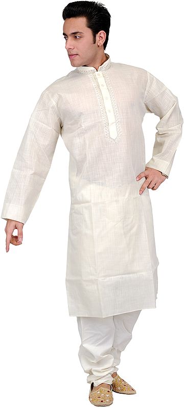 Plain Kurta Pajama with Thread Embroidery on Neck