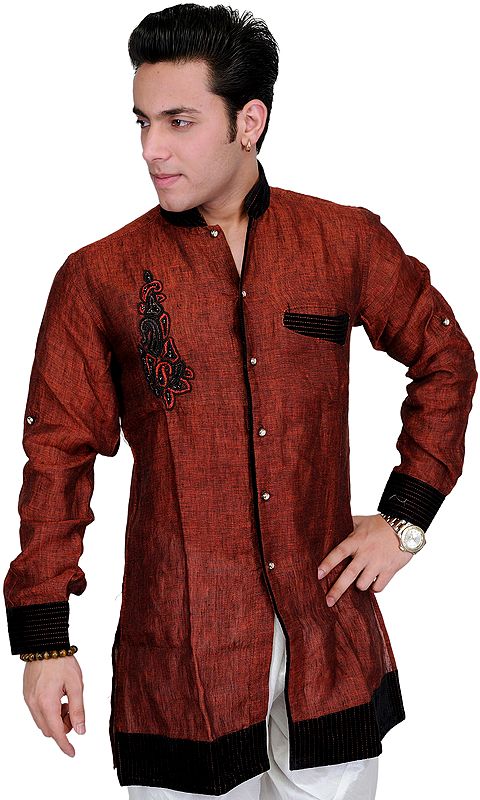 Oxblood-Red Designer Shirt with Embroidered Motif in Black