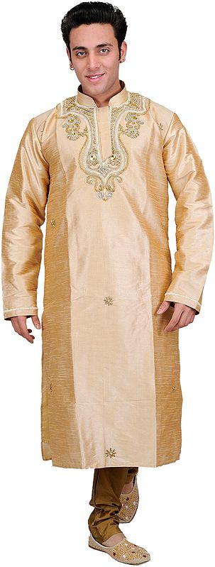 Golden-Beige Wedding Kurta Pajama with Faux Pearl Embroidery on Neck