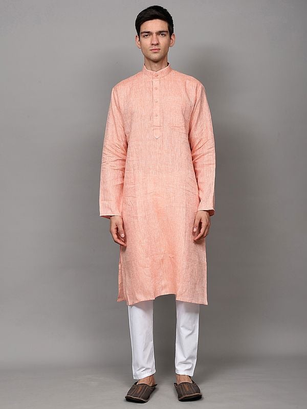 Plain Pure Linen Kurta with White Pajama Set