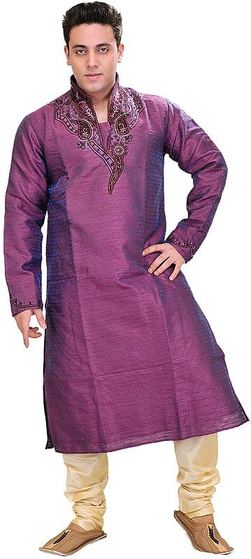 Royal-Purple Wedding Kurta Pajama Set with Embroidered Beads on Neck