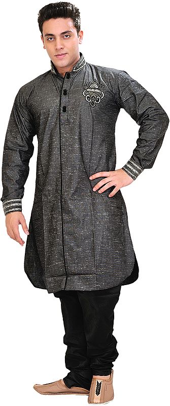 Jet-Black Designer Kurta Pajama Set with Embroidered Collar