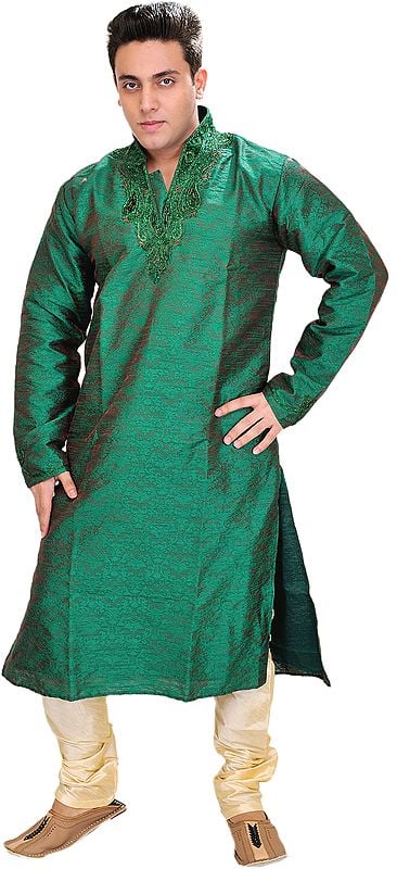 Forest-Green Wedding Kurta Pajama with Hand-Embroidered Beads on Neck