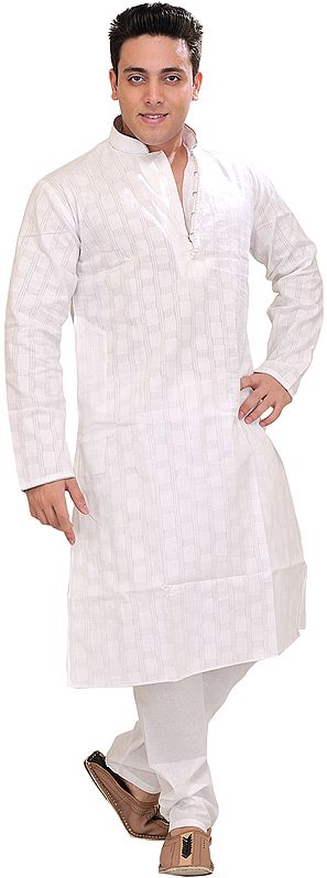 Winter-White Kurta Pajama Set with Self Weave and Chinese Collar