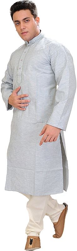 Kurta Pajama with Thread Embroidery on Neck and Woven Stripes