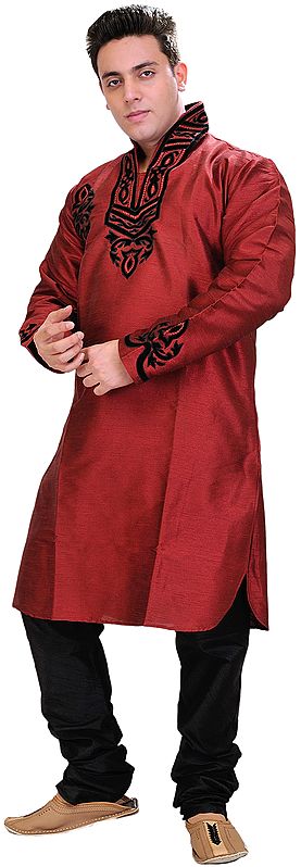 Rio-Red Designer Applique Kurta with Black Pajamas
