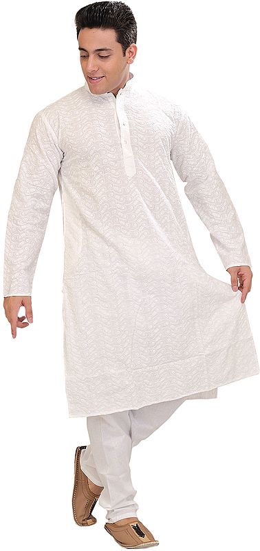 Winter-White Embroidered Lukhnavi Chikan Kurta Pajama