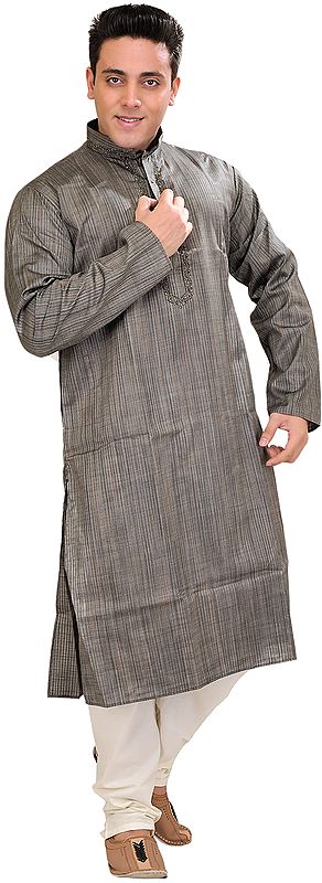Dark-Gray Kurta Pajama with Embroidery on Neck and Fine Stripes