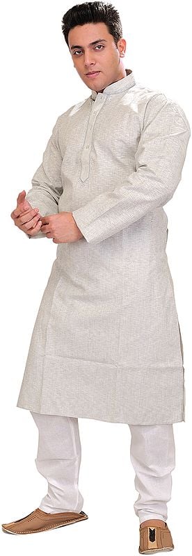 Kurta Pajama with Fine Woven Stripes and Embroidery on Neck