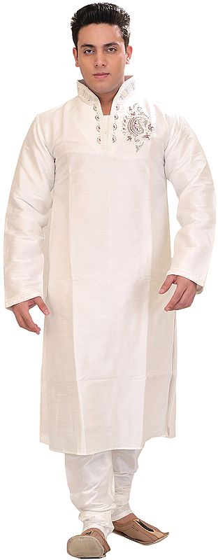 Snow-White Wedding Kurta Pajama with Crystal and Faux Pearl Embroidery