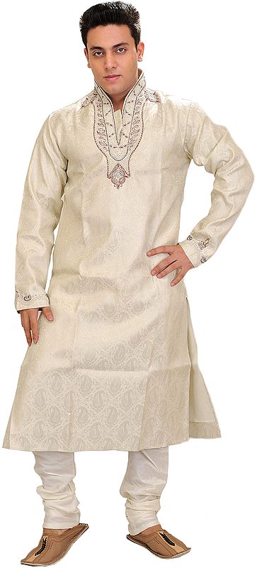 Ivory Wedding Designer Kurta Pajama Set with Woven Paisleys and Bead-Embroidered Neck