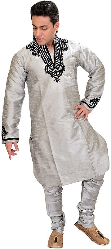 Silver-Colored Kurta Pajama with Velvet-Applique on Neck