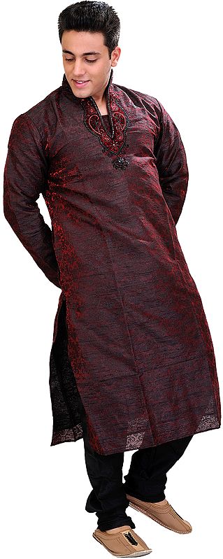Oxblood-Red Wedding Kurta Pajama Set with Beads Embroidered on Neck