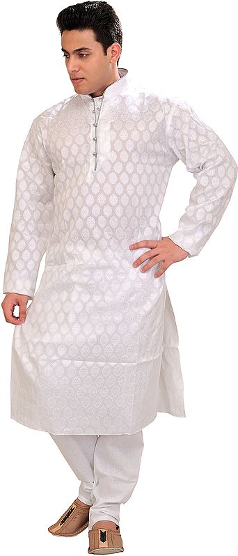 White Kurta Pajama with Woven Bootis All-Over