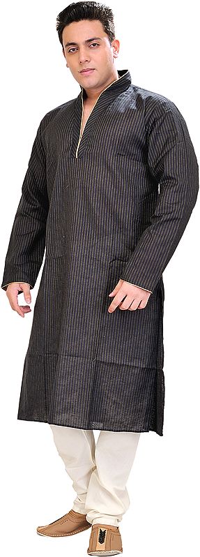 Mood-Indigo Kurta Pajama with Fine Woven Stripes in Green Thread