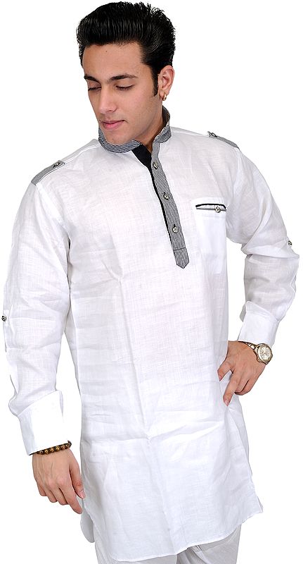 White Designer Men's Short Kurta with Front Pocket