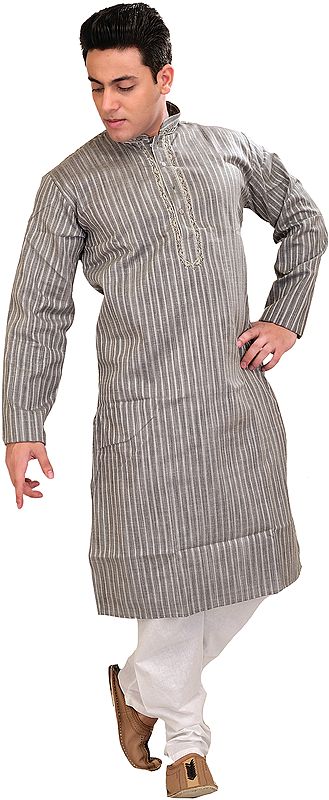 Frost-Gray Kurta Pajama with Stripes and Thread-Embroidery on Neck