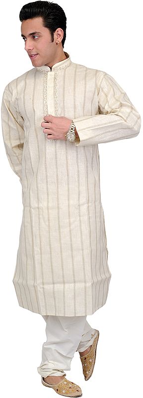 Antique-White Kurta Pajama with Stripes and Embroidery on Neck