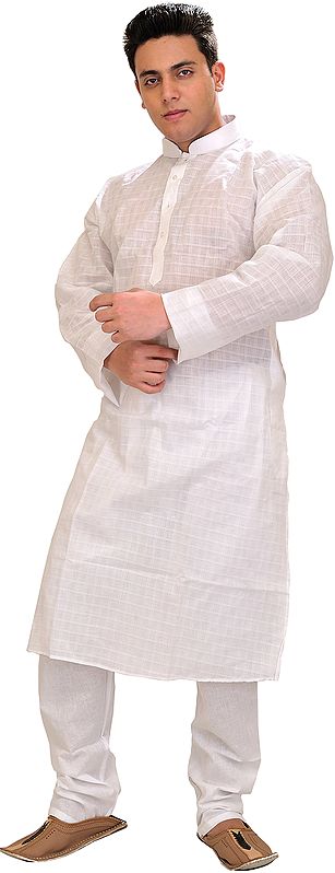 Bright-White Casual Kurta Pajama with Checks Woven in Self