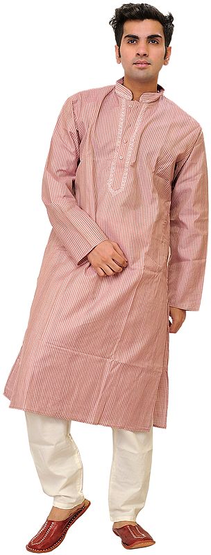 Zephyr Kurta Pajama with Embroidery on Neck and Woven Stripes